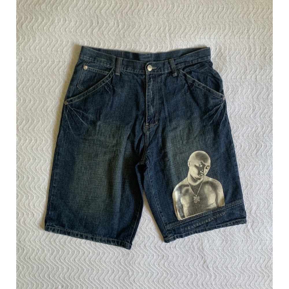 VTG Y2K Makaveli Tupac Jean Shorts Mens Sz 38 Hip Hop Streetwear‎ grunge classic